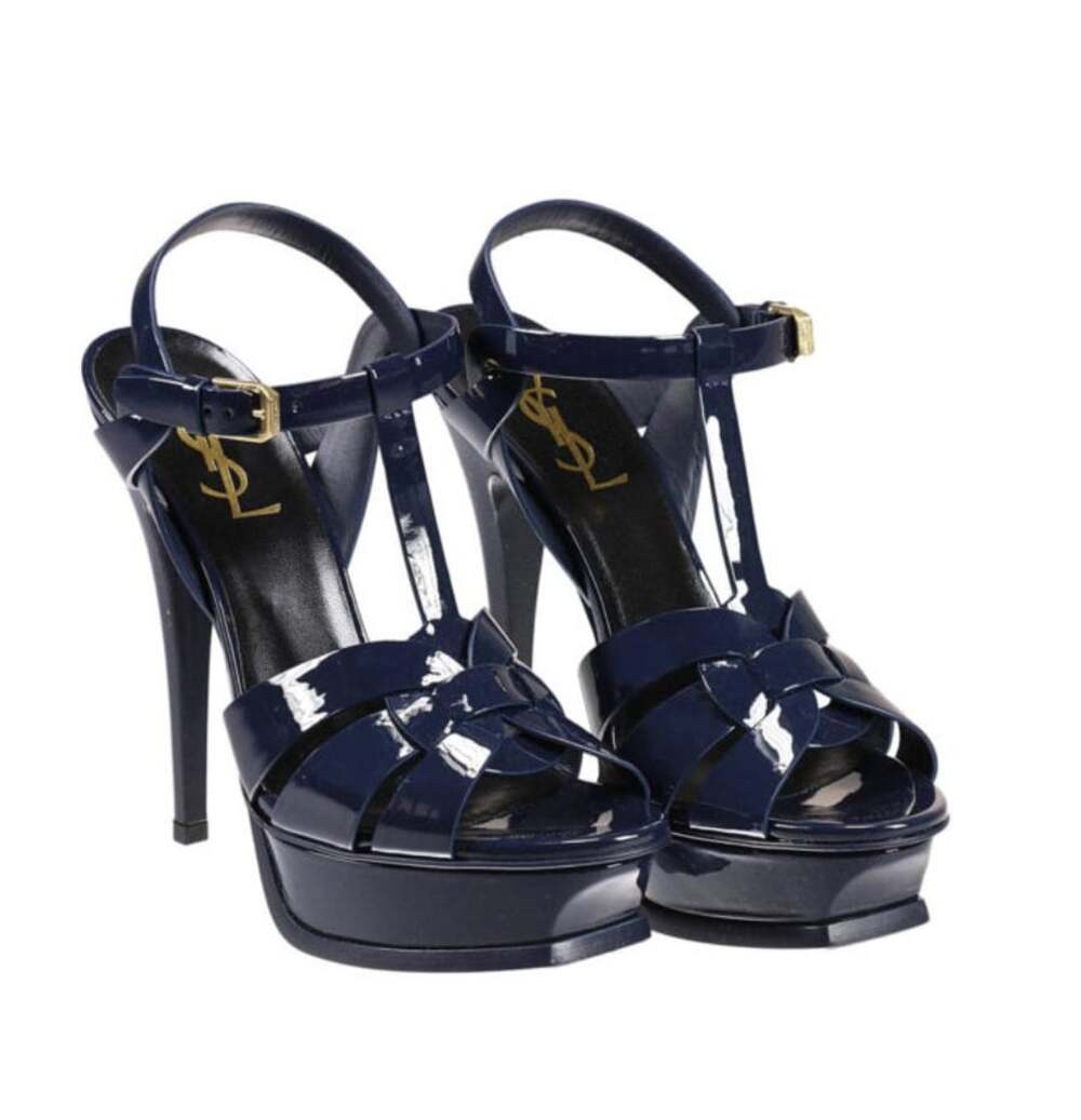 Saint Laurent Tribute Platform Heel Blue Patent Leather Sandals